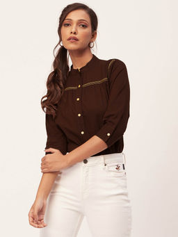 Moomaya - Women Comfortable Fit Cotton Solid Brown Shirt