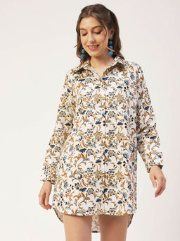 Moomaya - Women A-Line Blended Fabric Floral Off White Mini Shirt Dress