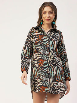 Moomaya - Women A-Line Blended Fabric Printed Multi-Color Mini Shirt Dress