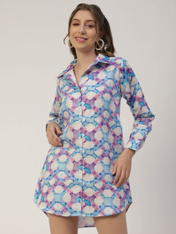 Moomaya - Women A-Line Blended Fabric Printed White Mini Shirt Dress