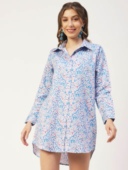Moomaya - Women A-Line Blended Fabric Printed Blue Mini Shirt Dress