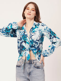Moomaya - Women Comfortable Fit Cotton Floral Blue Shirt