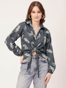 Moomaya - Women Comfortable Fit Cotton Printed Grey Shirt