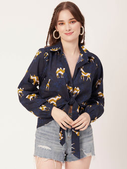 Moomaya - Women Comfortable Fit Cotton Printed Navy Blue Shirt
