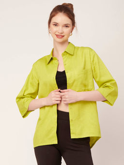 Moomaya - Women Asymmetrical Fit Blended Fabric Solid Green Shirt