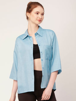 Moomaya - Women Asymmetrical Fit Blended Fabric Solid Blue Shirt
