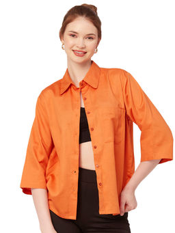 Moomaya - Women Asymmetrical Fit Blended Fabric Solid Orange Shirt