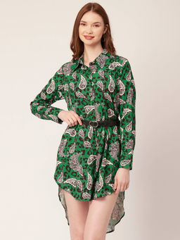 Moomaya - Women Asymmetrical Fit Polyester Paisley Green Mini Shirt Dress with Belt (Set of 2)