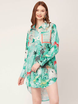 Moomaya - Women Asymmetrical Fit Polyester Printed Green Mini Shirt Dress