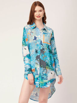 Moomaya - Women Asymmetrical Fit Polyester Printed Turquoise Mini Shirt Dress