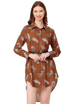 Moomaya - Women Asymmetrical Fit Polyester Printed Brown Mini Shirt Dress, Belt (Set of 2)