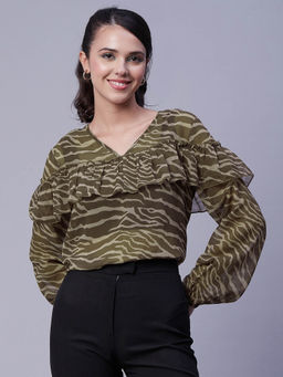 Moomaya - Women Comfortable Fit Georgette Printed Olive Top