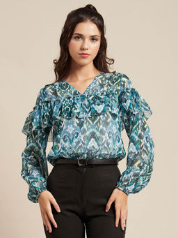 Moomaya - Women Comfortable Fit Georgette Printed Green Top