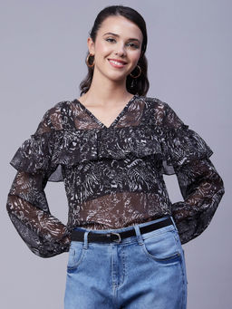 Moomaya - Women Comfortable Fit Georgette Floral Black Top