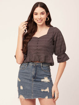 Moomaya - Women Peplum Fit Polyester Printed Black Crop Top