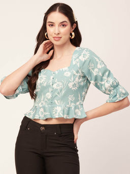 Moomaya - Women Peplum Fit Polyester Floral Blue Crop Top