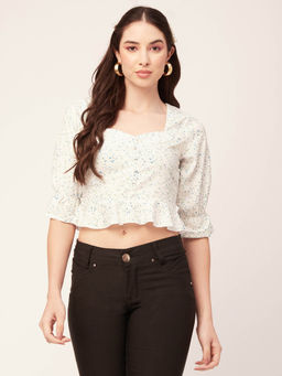 Moomaya - Women Peplum Fit Polyester Printed White Crop Top