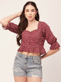 Moomaya - Women Peplum Fit Polyester Polka Dots Purple Crop Top