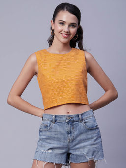 Moomaya - Women Fitted Poplin Printed Mustard Crop Top