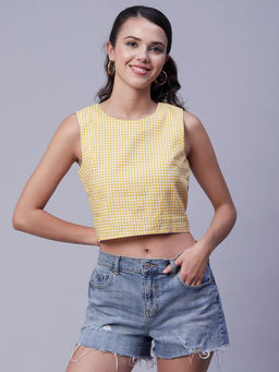 Moomaya - Women Fitted Poplin Checks Yellow Crop Top