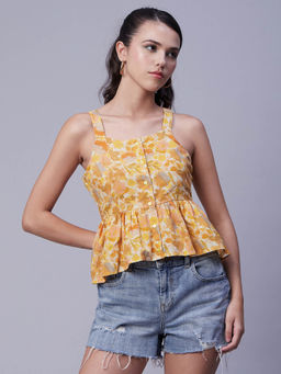 Moomaya - Women Peplum Fit Cotton Floral Yellow Top