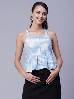 Moomaya - Women Peplum Fit Cotton Stripes Blue Top