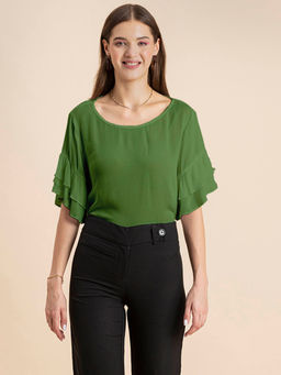 Moomaya - Women Comfortable Fit Rayon Solid Green Top