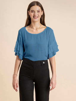 Moomaya - Women Comfortable Fit Rayon Solid Blue Top