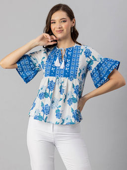 Moomaya - Women Peplum Fit Cotton Floral White Top