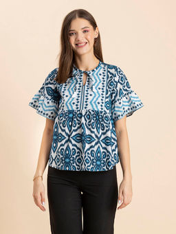 Moomaya - Women Peplum Fit Cotton Printed Teal Top