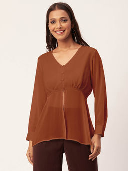 Moomaya - Women Peplum Fit Georgette Solid Brown Top