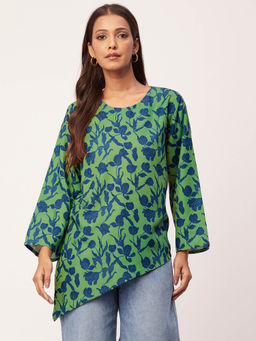 Moomaya - Women Asymmetrical Fit Rayon Floral Green Top