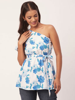 Moomaya - Women Peplum Fit Rayon Floral White Top