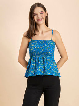 Moomaya - Women Peplum Fit Cotton Floral Blue Top