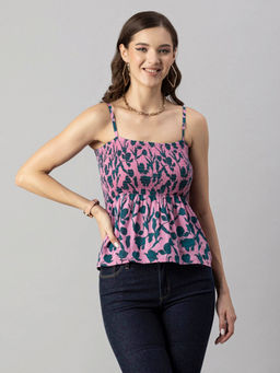 Moomaya - Women Peplum Fit Cotton Floral Pink Top