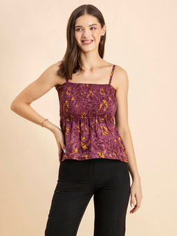 Moomaya - Women Peplum Fit Cotton Floral Purple Top