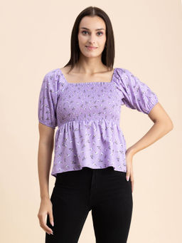 Moomaya - Women Semi-Fit Polyester Floral Lavender Top