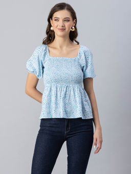 Moomaya - Women Semi-Fit Polyester Floral Blue Top