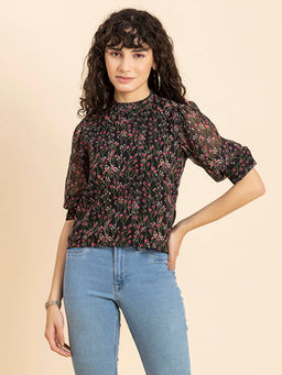 Moomaya - Women A-Line Georgette Floral Black Top