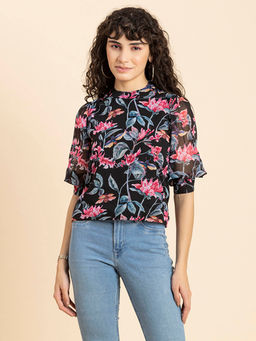Moomaya - Women A-Line Georgette Floral Pink Top