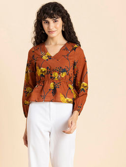 Moomaya - Women Peplum Fit Cotton Floral Brown Top
