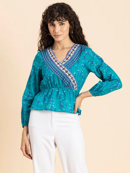 Moomaya - Women Peplum Fit Cotton Floral Blue Top