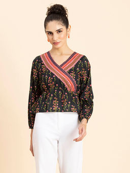 Moomaya - Women Peplum Fit Cotton Floral Black Top