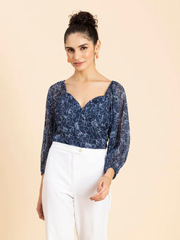 Moomaya - Women Comfortable Fit Georgette Floral Navy Blue Top
