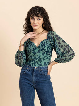 Moomaya - Women Comfortable Fit Georgette Floral Green Top