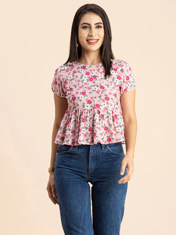 Moomaya - Women Peplum Fit Rayon Floral Pink Top