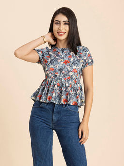 Moomaya - Women Peplum Fit Rayon Floral Blue Top
