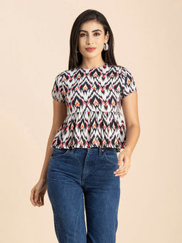 Moomaya - Women Peplum Fit Rayon Printed White Top