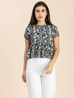 Moomaya - Women Peplum Fit Rayon Floral Navy Blue Top