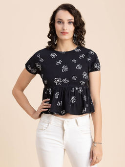 Moomaya - Women Peplum Fit Rayon Floral Black Top